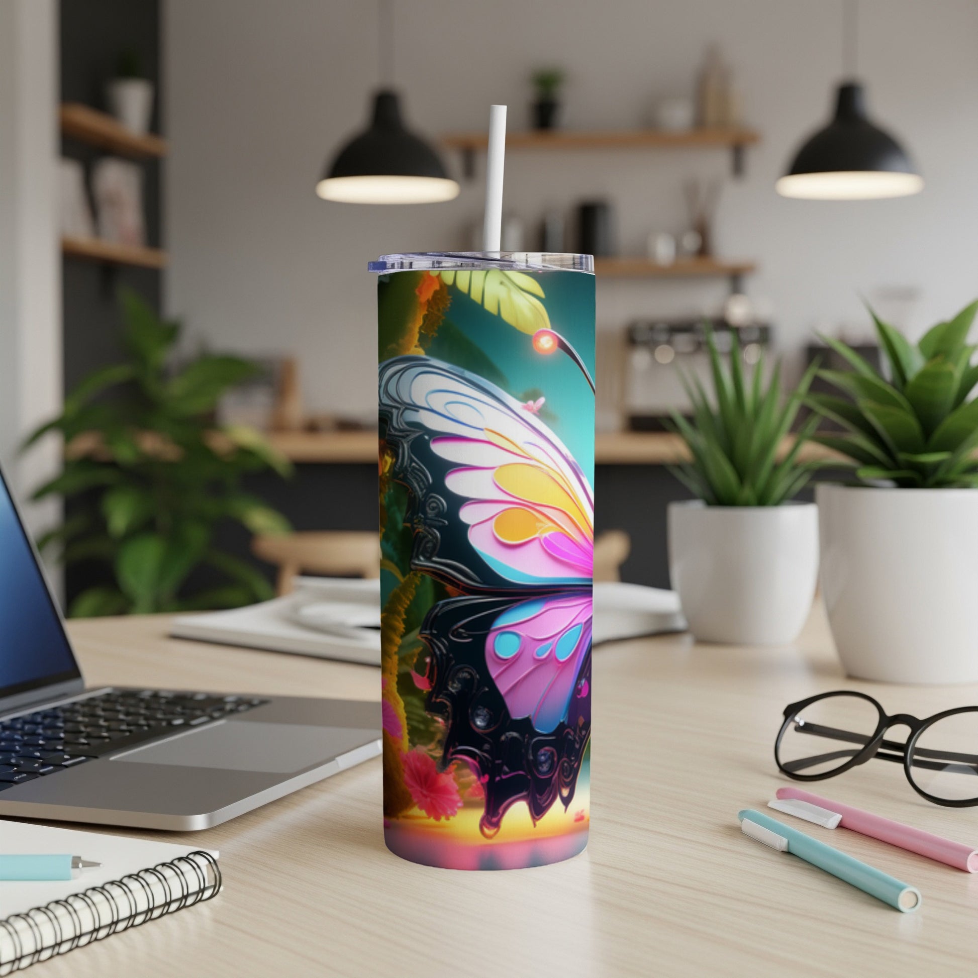 Tall tumbler with butterfly wings and tropical foliage design.