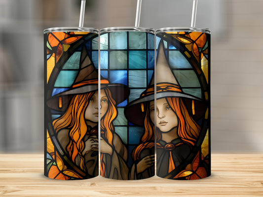 Three tumblers featuring a witch against a stained-glass window.
