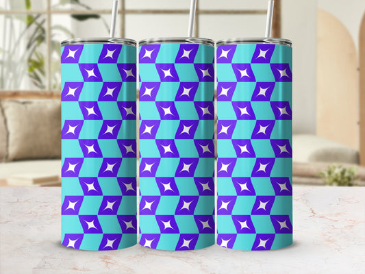 Three purple and teal geometric pattern tumblers with straws on a marble surface.