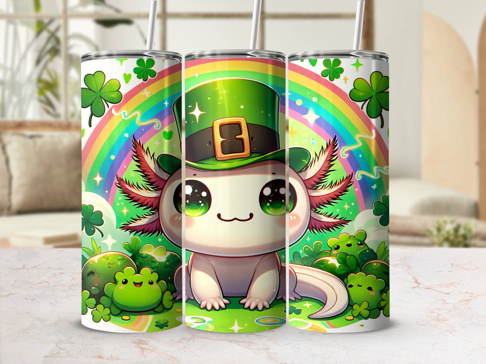 Cute axolotl with leprechaun hat and shamrocks on a rainbow background.