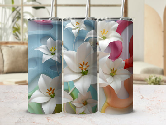 Three white lily flowers adorn a seamless pattern on three tumblers.