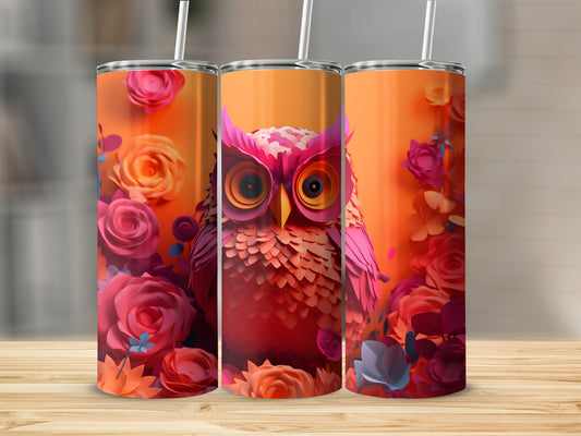 Three tumblers with a pink owl and floral pattern.