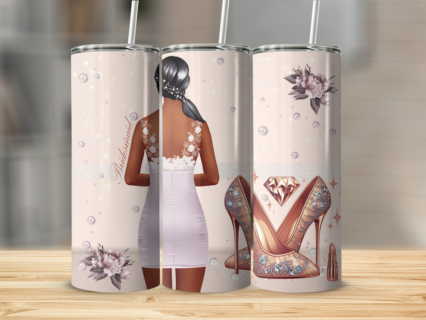 Bridesmaid tumbler with woman, shoes, diamond, lipstick, and flowers.