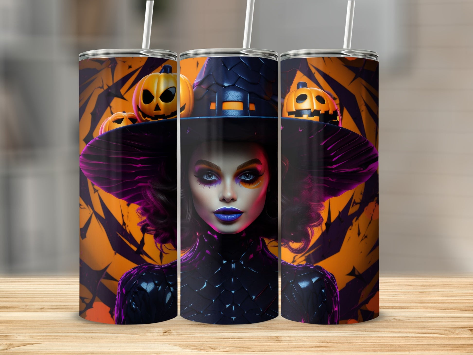 Tumblers with a Halloween witch and pumpkins design.