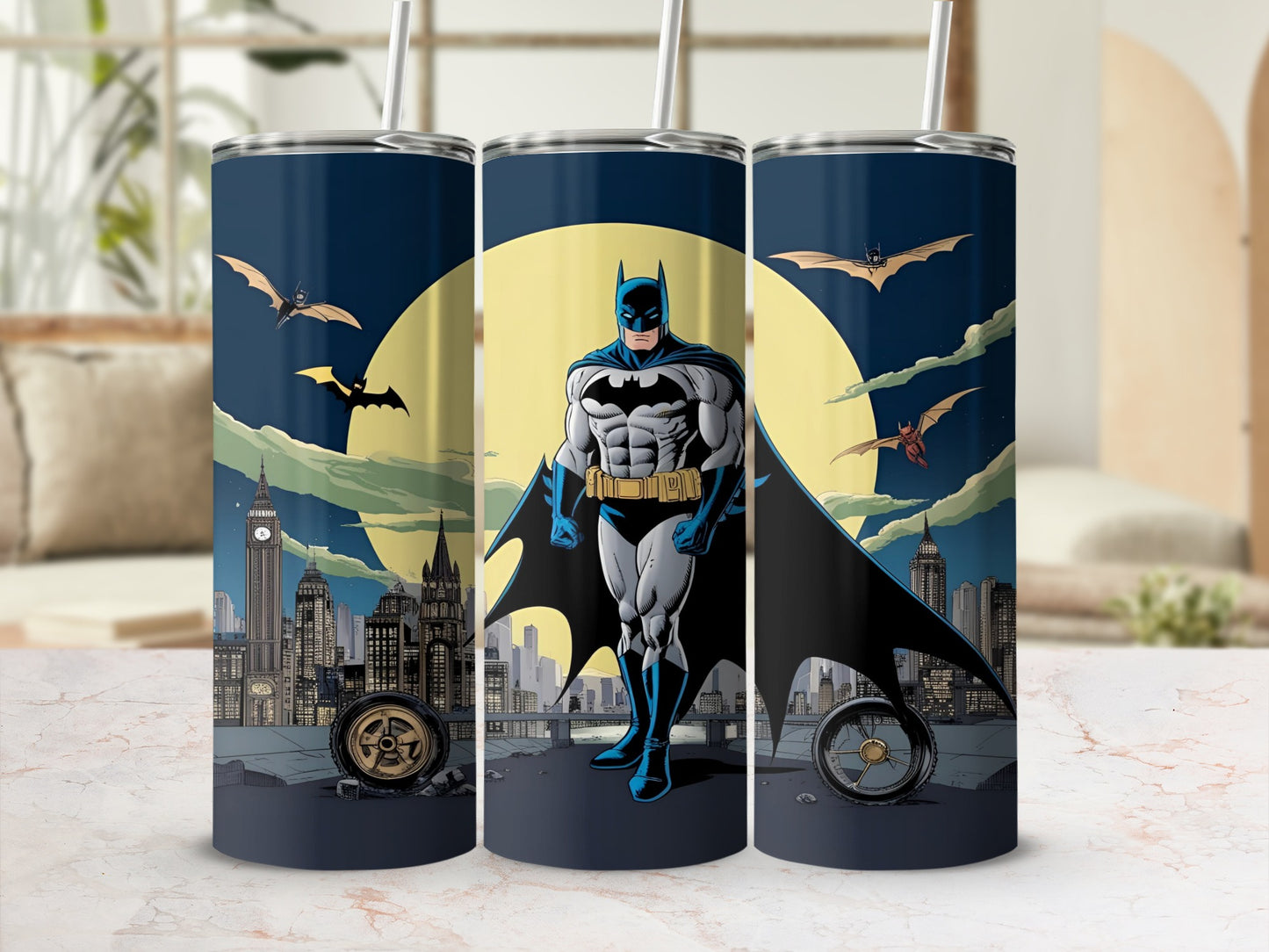 Batman standing in front of a city skyline with bats flying around a full moon.