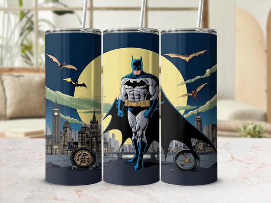 Batman standing in front of a city skyline with bats flying around a full moon.