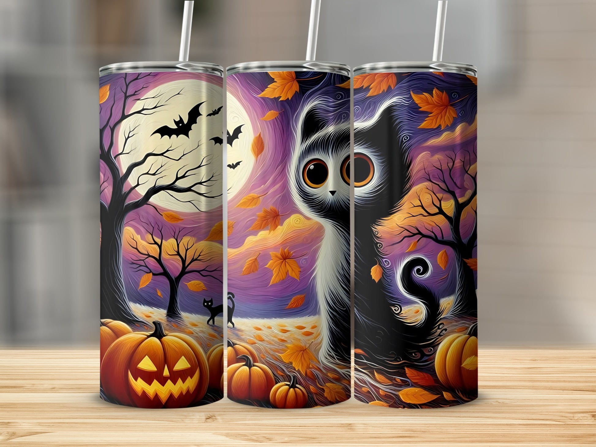 Three tumblers with a Halloween scene featuring a black cat, pumpkins, bats, and fall leaves.