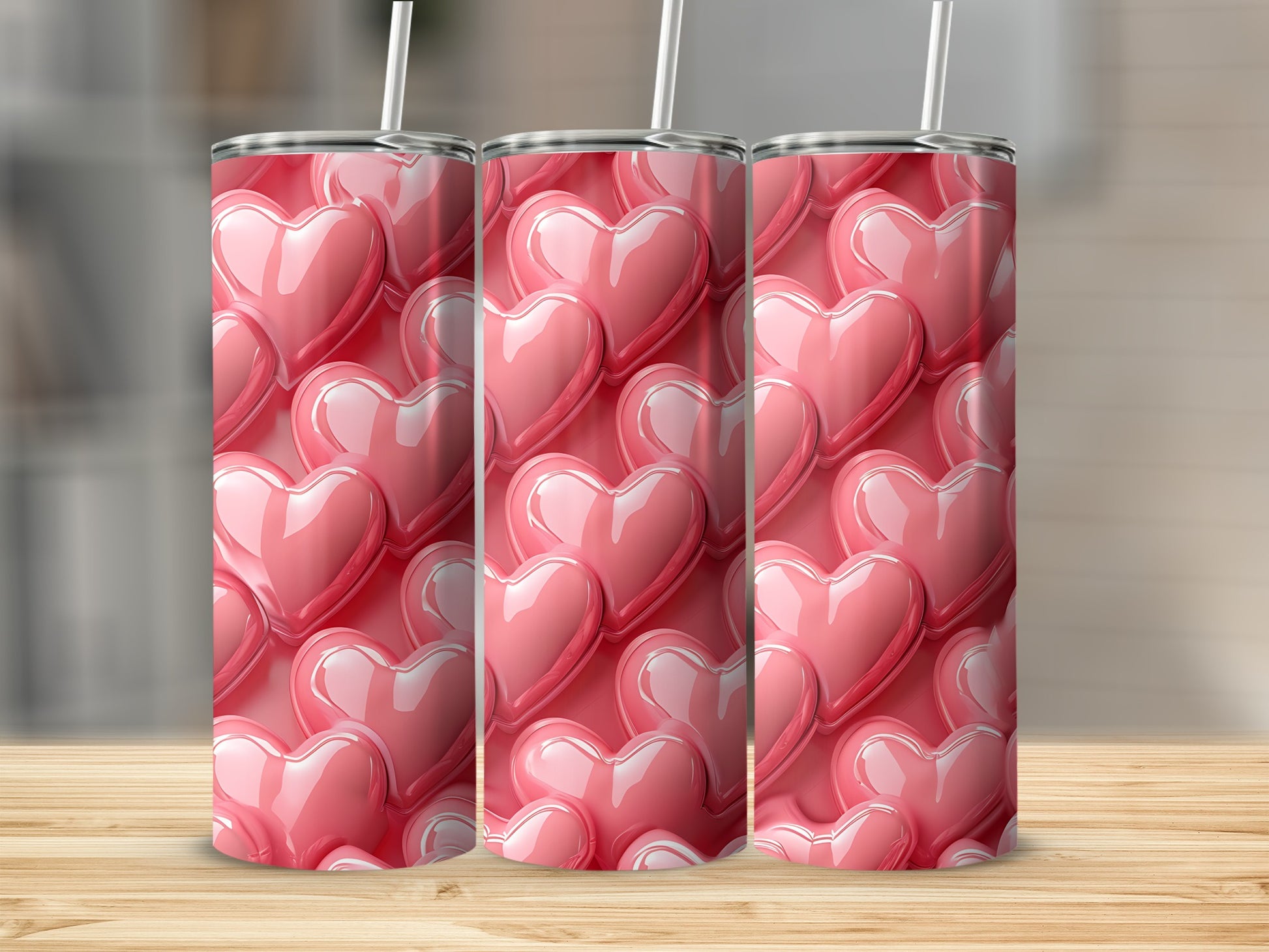 Pink Glossy 3D Hearts Pattern Tumbler Design product type