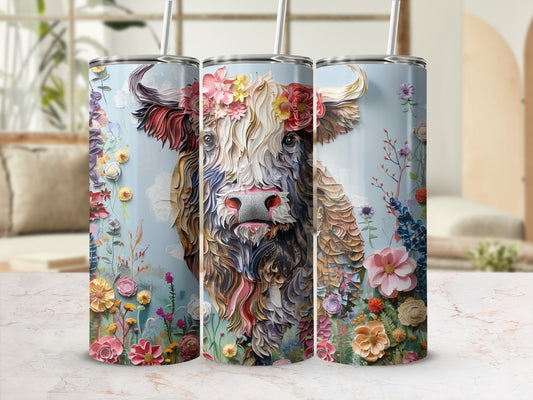 Tall tumbler with floral highland cow design.