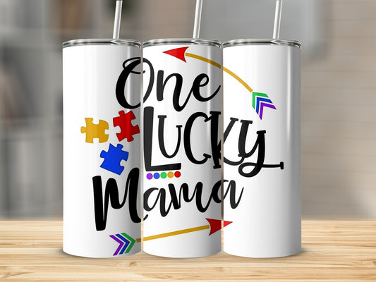 One Lucky Mama Puzzle Themed Tumbler with Arrow Design