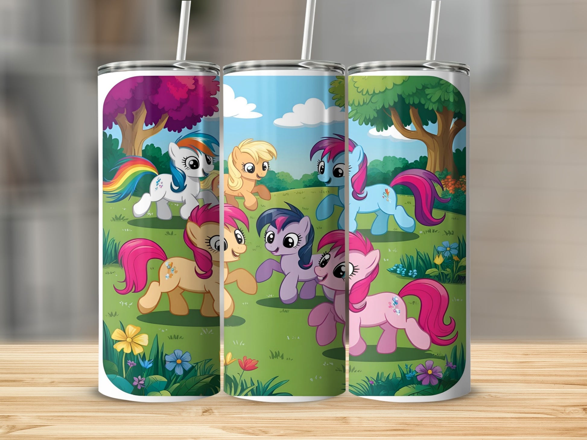 My Little Pony characters in a grassy field with trees and flowers.