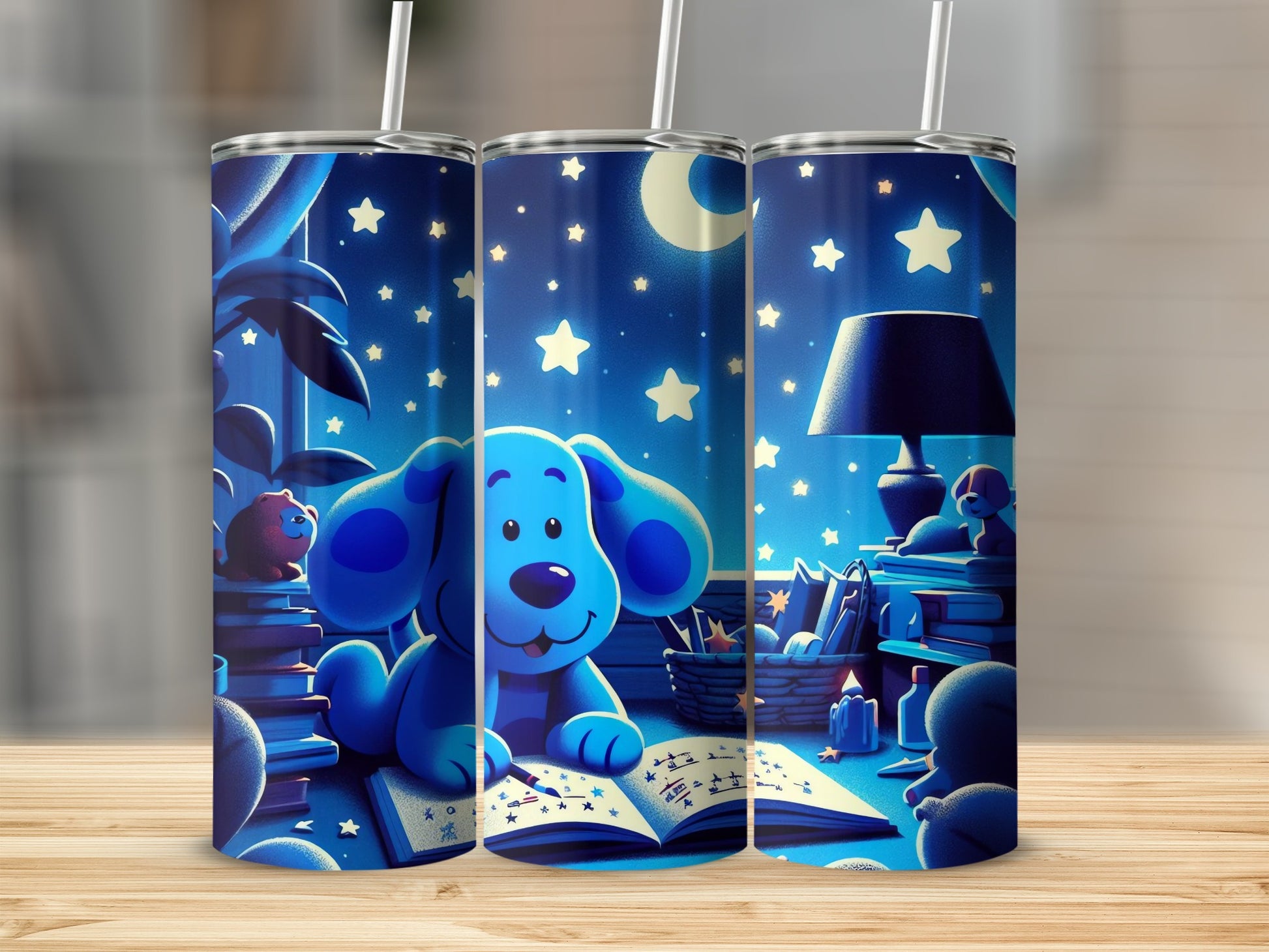 Adorable Blue Dog Nighttime Story Scene Tumbler