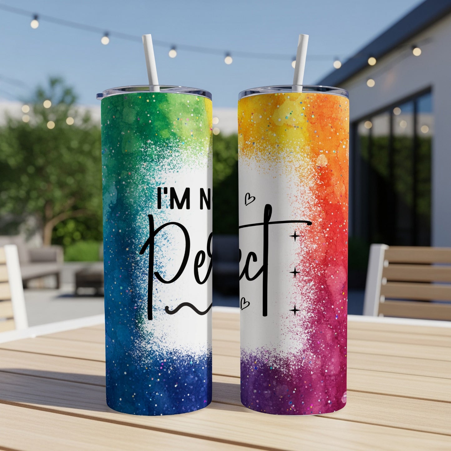 Two colorful tumblers with "I'm not perfect" text on a wooden table.
