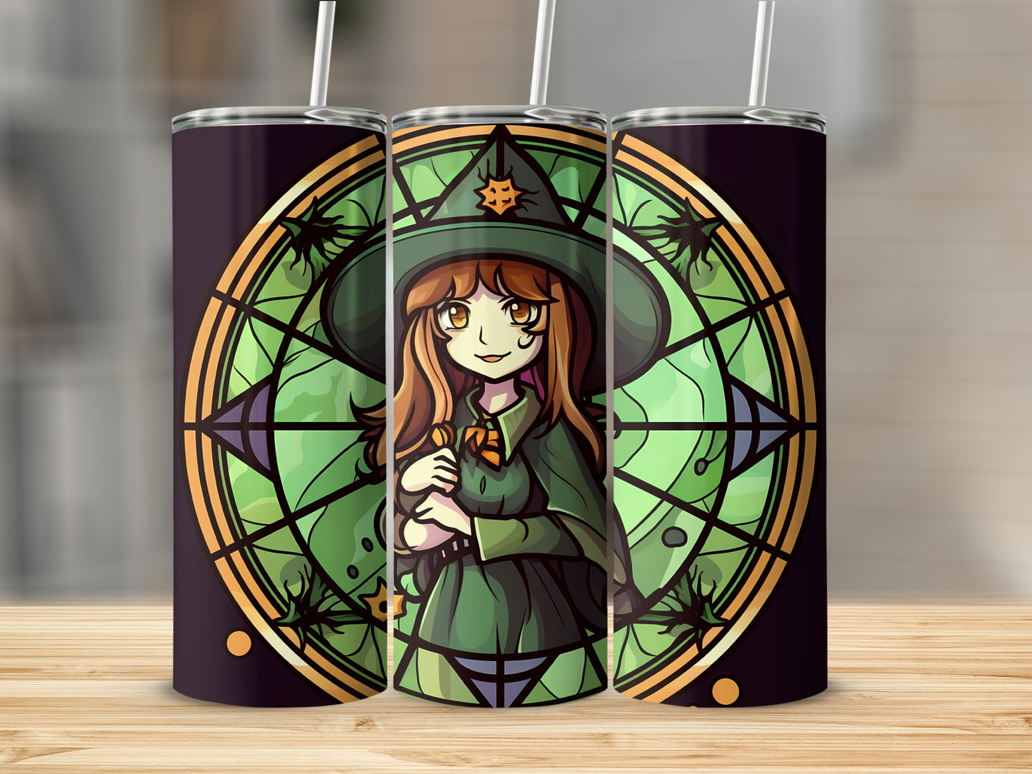 Anime witch in green hat and dress in front of stained glass window.