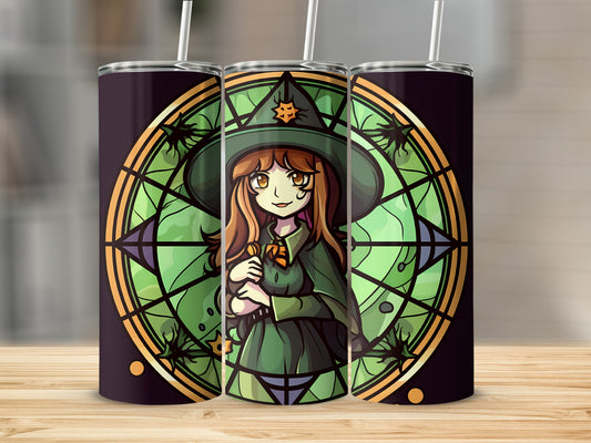 Anime witch in green hat and dress in front of stained glass window.