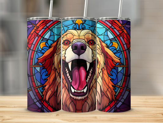 Three tumblers with stained glass golden retriever design, straws inserted.
