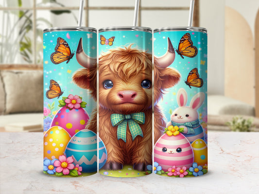 Highland cow with Easter eggs and bunny, butterflies.