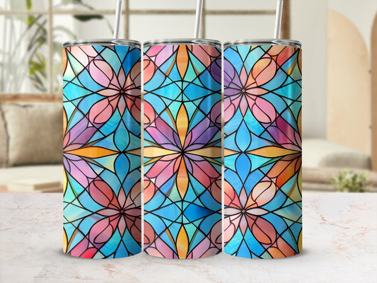 Three tumblers with colorful stained-glass floral patterns.