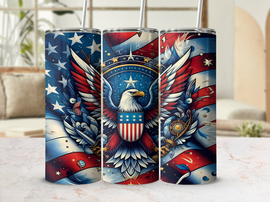 Three tumblers with American flag, eagle, and stars design.