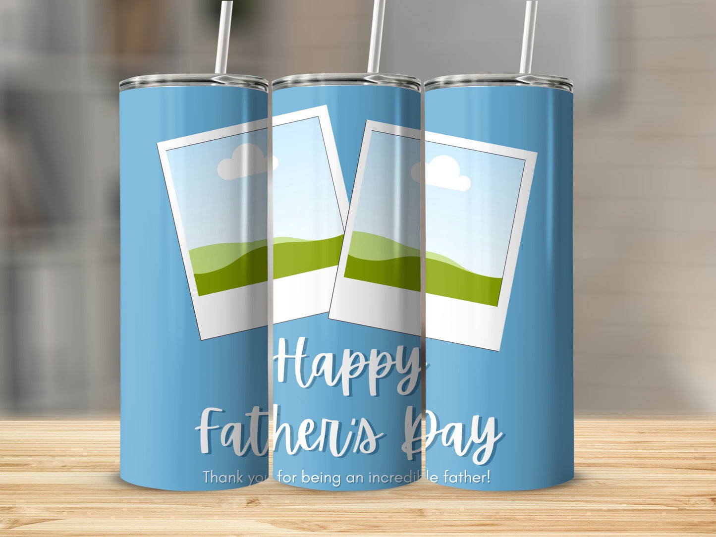 Blue tumbler with "Happy Father's Day" text and photo frames.