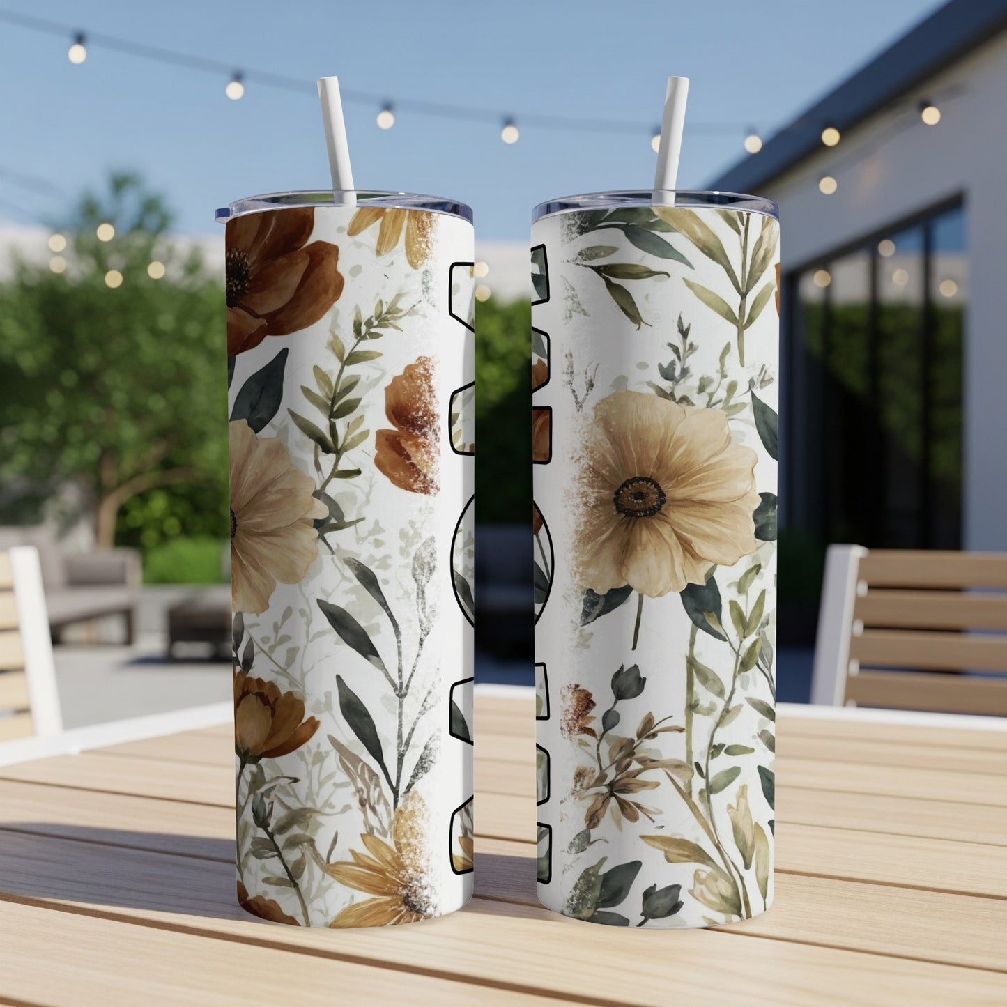 Two tumblers with a floral pattern of brown and cream flowers and leaves.