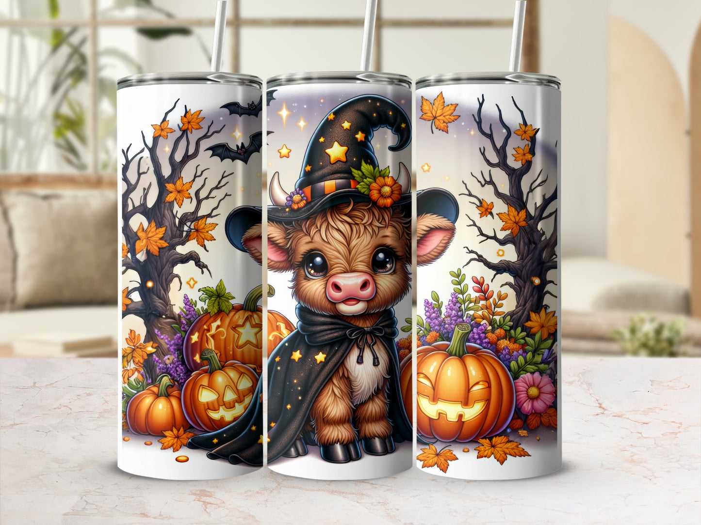 Cute cow wearing a witch hat and cape with pumpkins and autumn leaves.