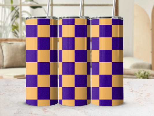 Three tall tumblers with a purple and gold checkerboard pattern.