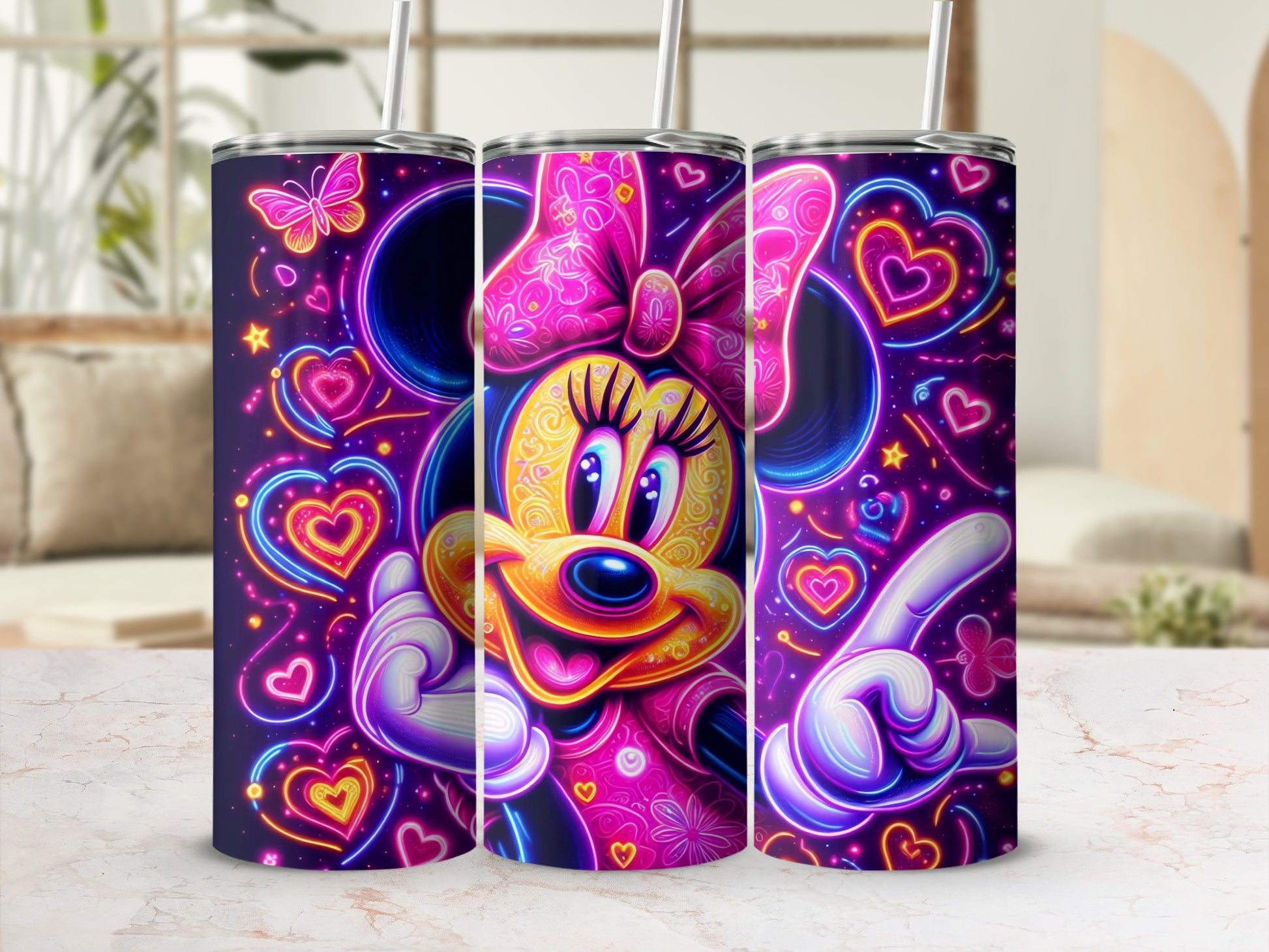 Neon Minnie Mouse with Hearts and Butterflies tumbler