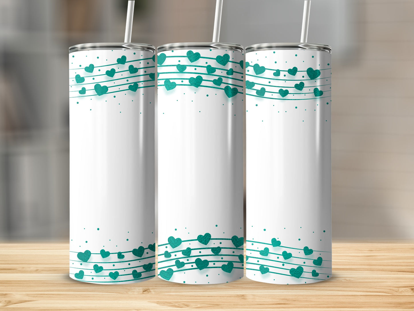 Teal Hearts and Dots Design Bulk Straight Tumblers
