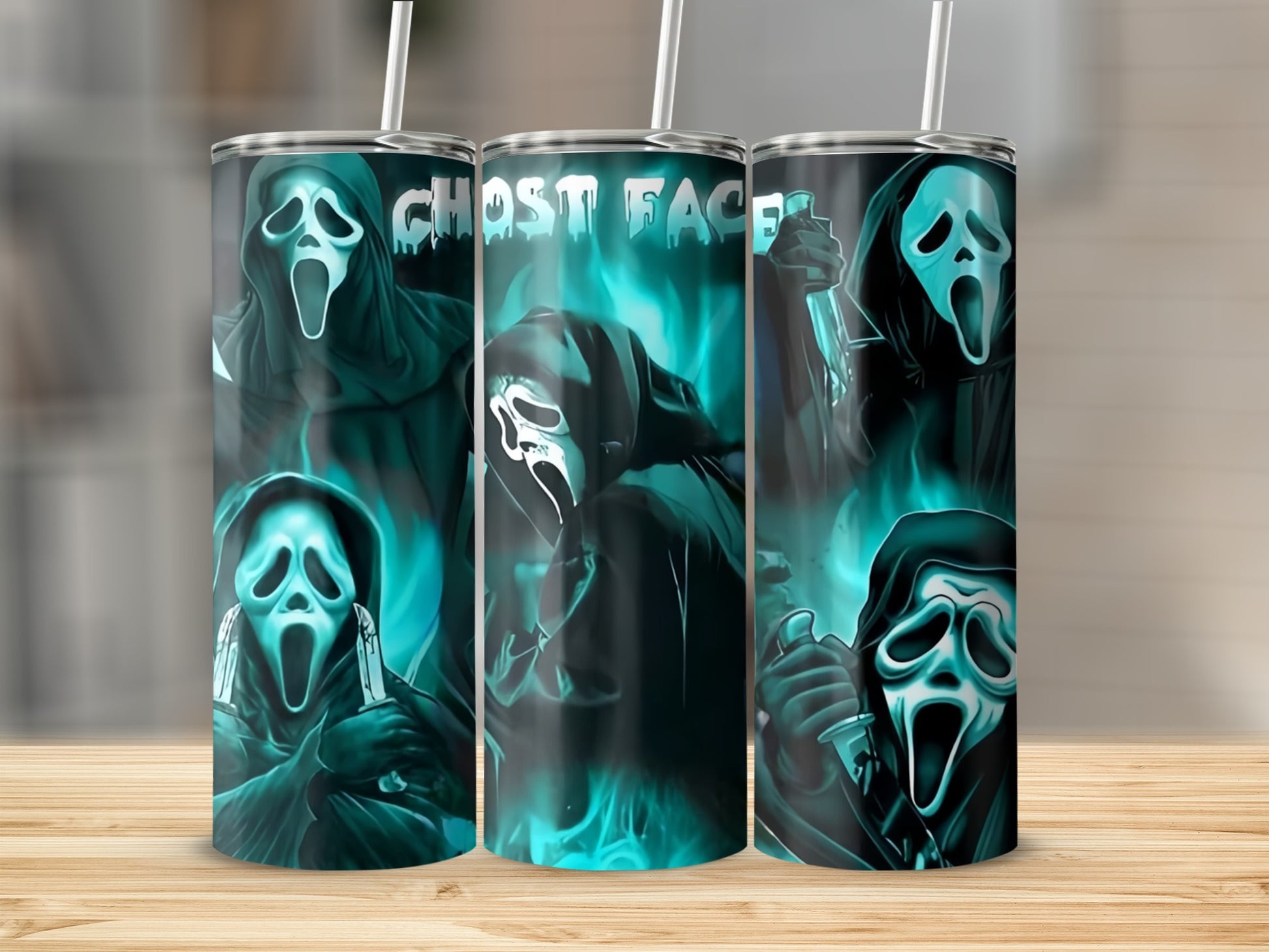 Ghost Face design on a tumbler with blue flames and knives.