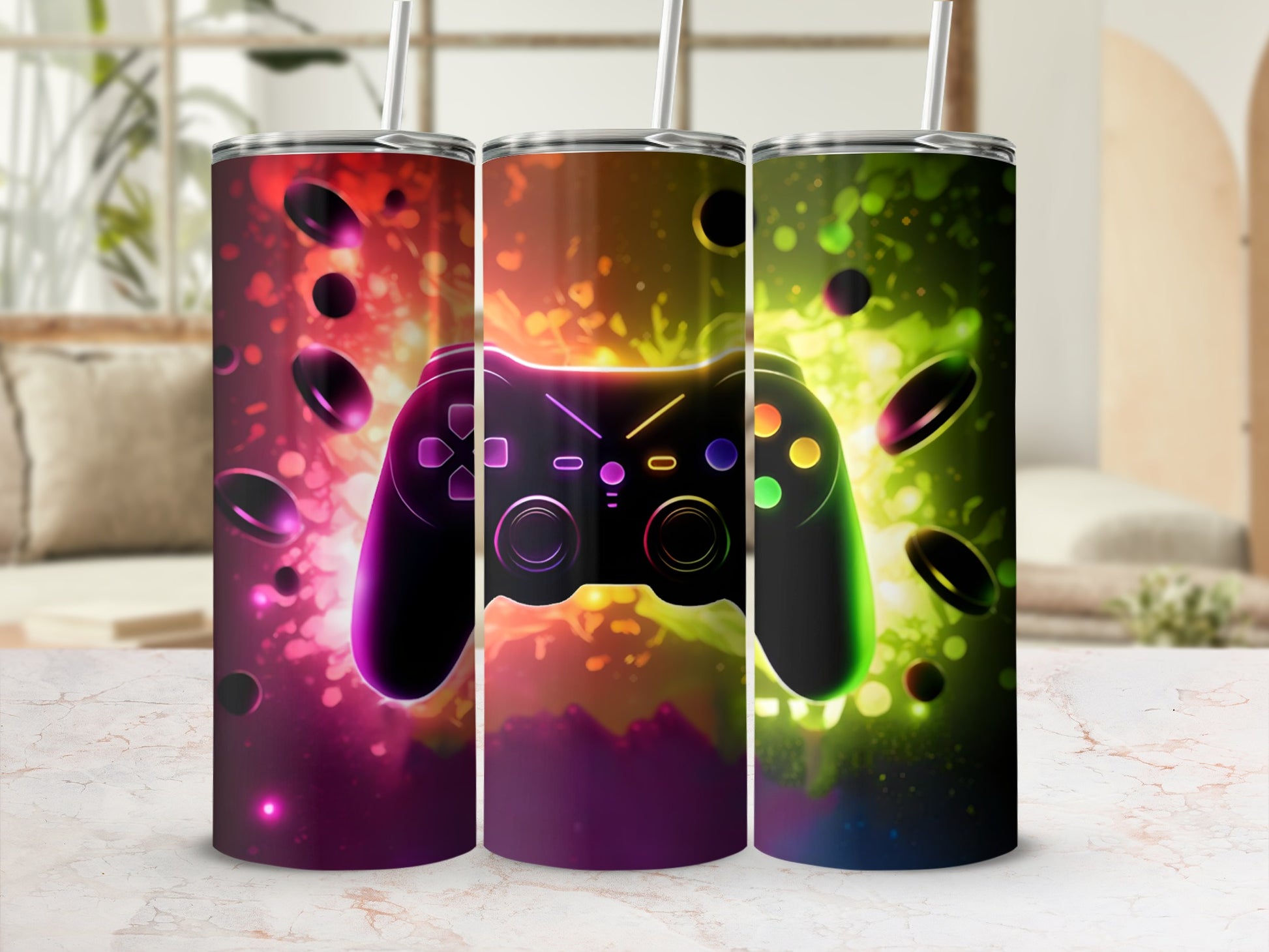Three tumblers featuring a glowing purple video game controller with colorful bokeh lights.