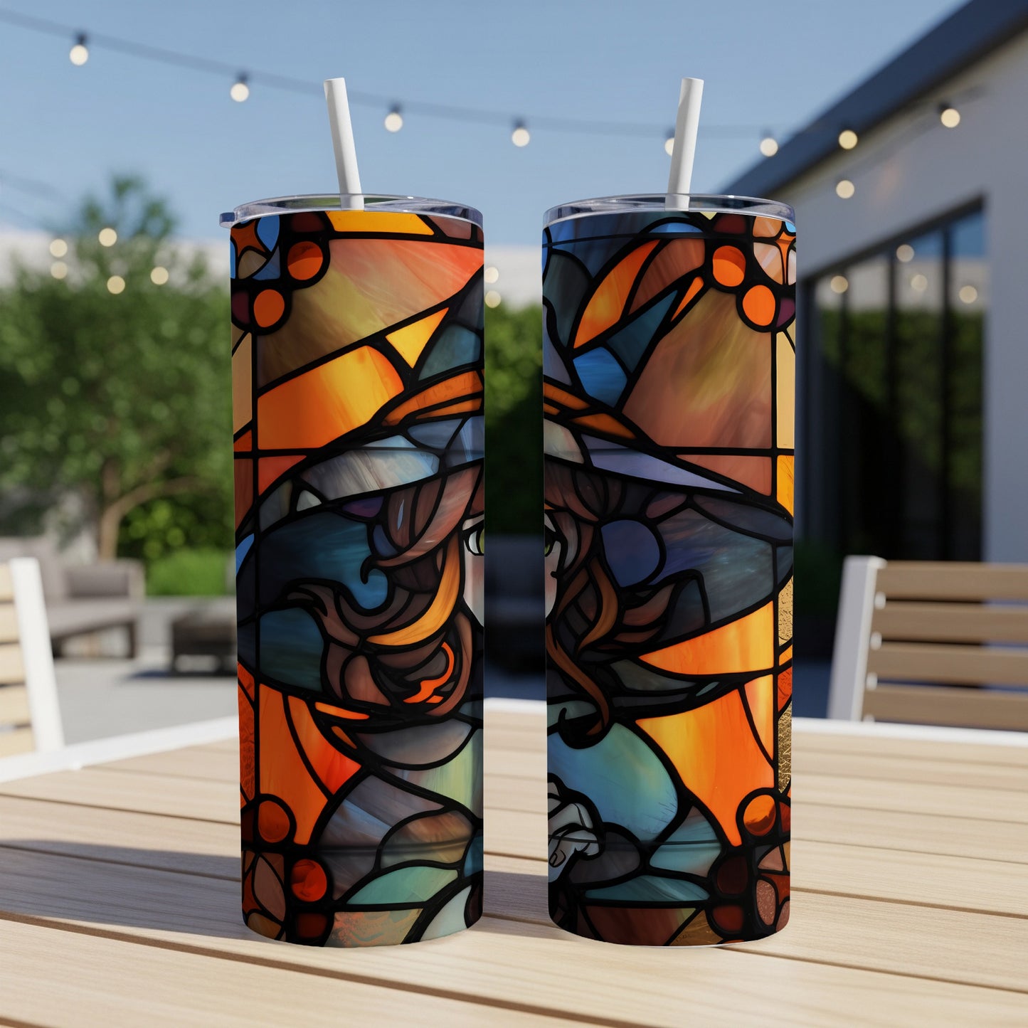 Two tall tumblers with stained-glass witch design on an outdoor table.