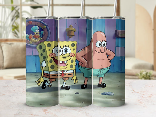 SpongeBob SquarePants and Patrick Star characters on a patterned tumbler.