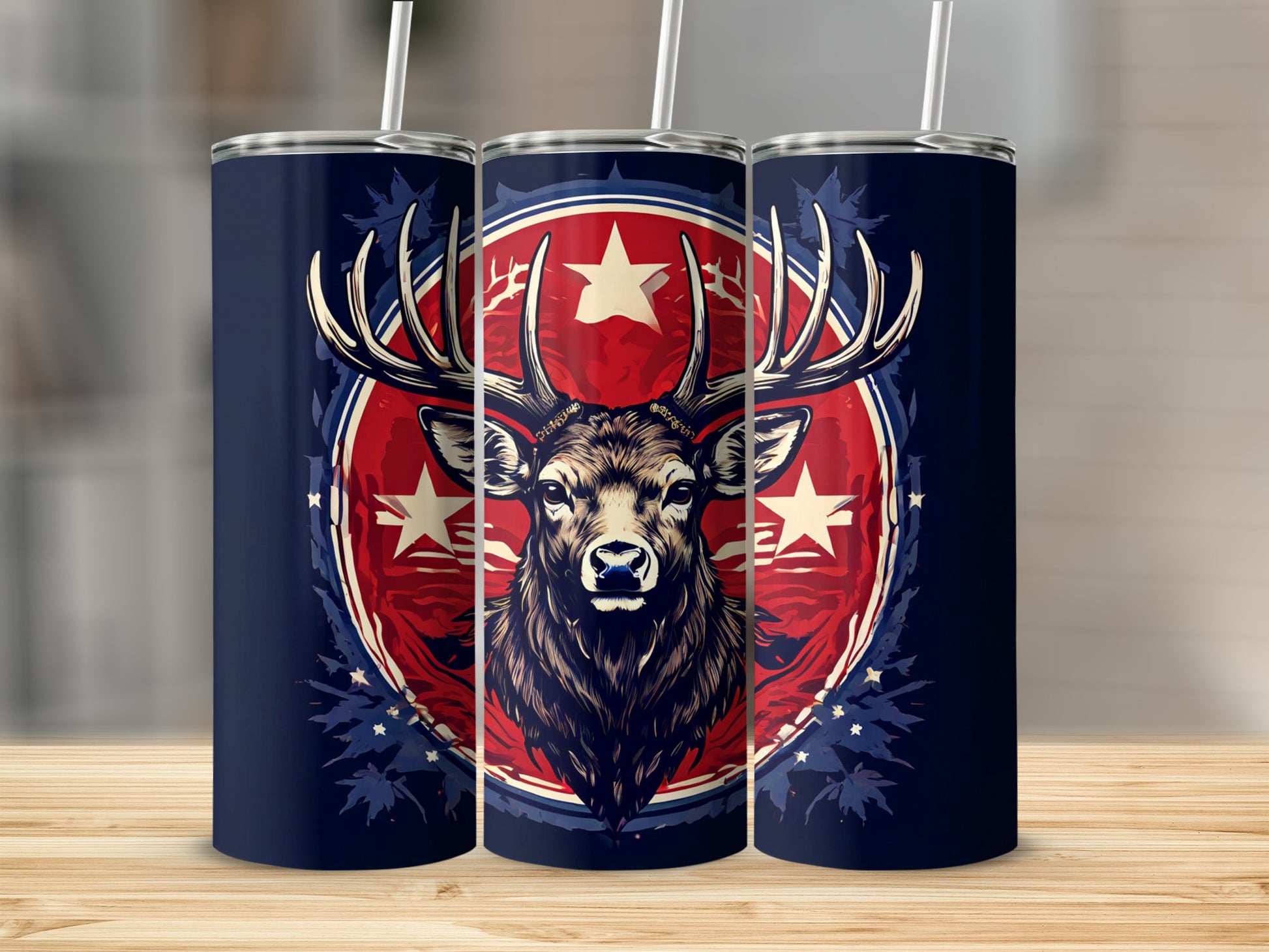 Deer head emblem with stars and leaves on a navy blue tumbler.