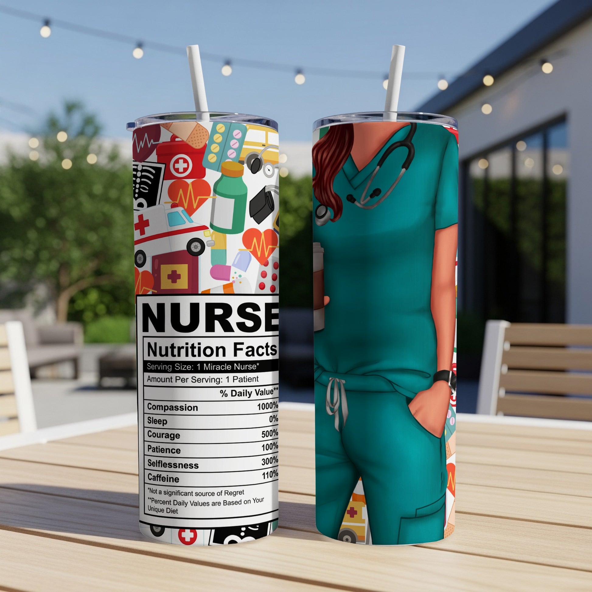 Nurse Nutrition Facts tumbler with medical symbols and a nurse's uniform.