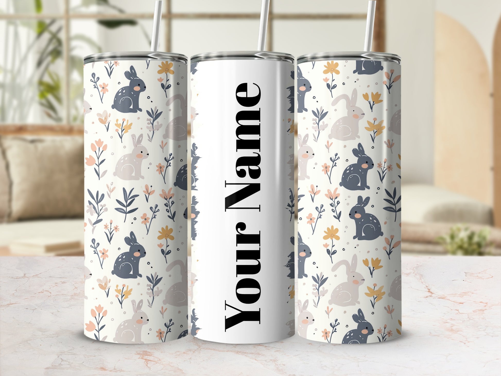 Personalized Cute Bunny Floral Pattern Tumbler Cup