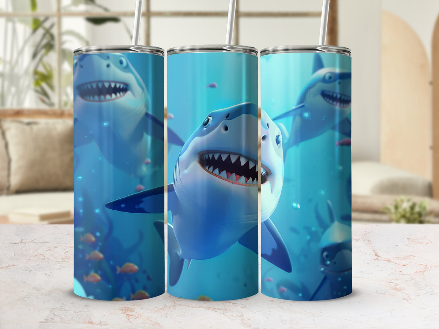 Three shark tumblers with straws, featuring aggressive sharks swimming underwater.