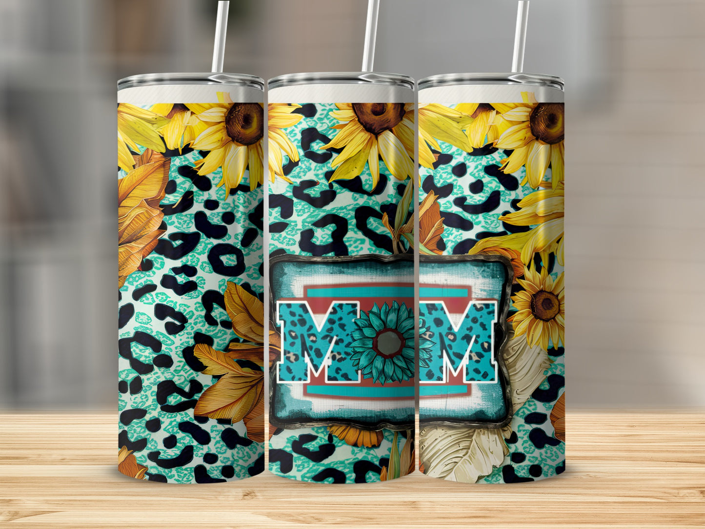 Tumbler with sunflowers, leopard print, and "MOM" in a decorative frame.
