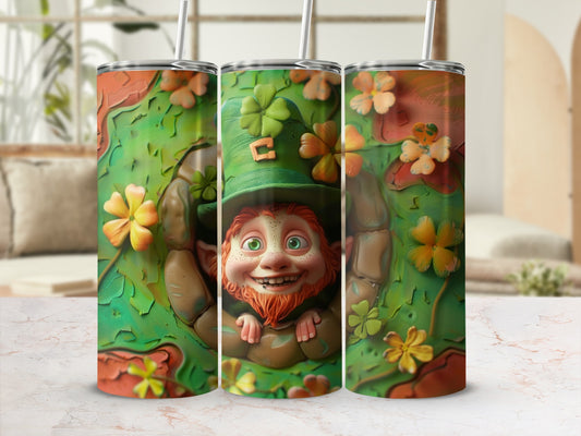 Leprechaun peeking from a clover-filled hole, green hat with buckle.