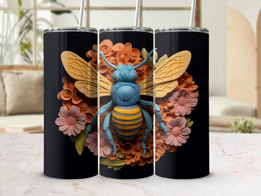 Three black tumblers featuring a blue and yellow bee on a floral background.