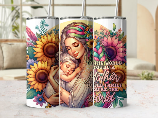 Mother and child illustration with sunflowers, flowers, and text.