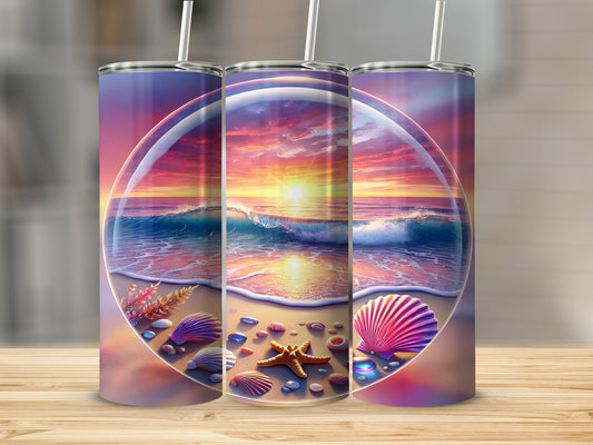 Beach scene with sunset over ocean, seashells, and starfish inside a glass sphere.