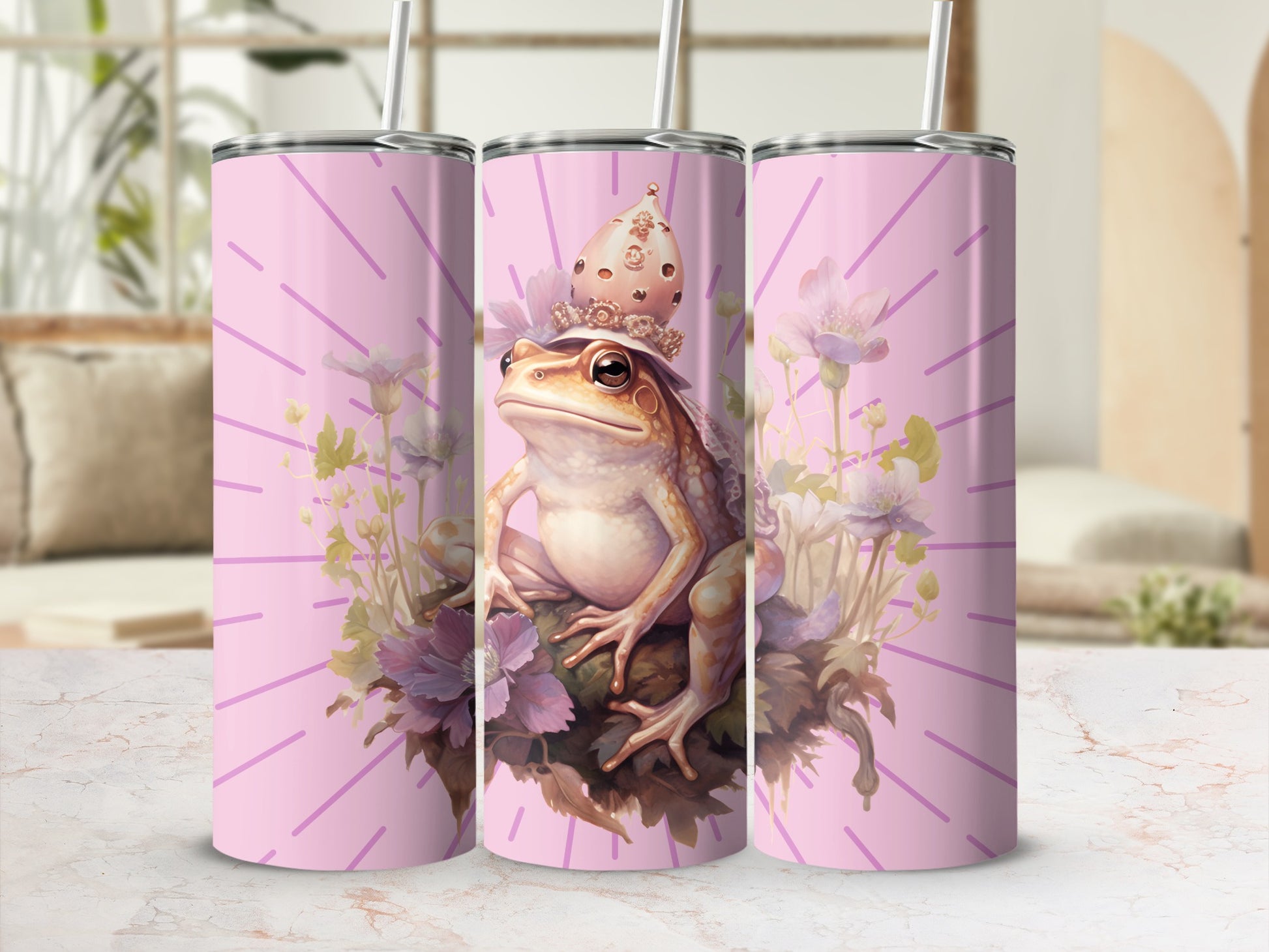 Cute Frog with Crown and Flowers Design Tumbler