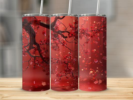 Three tumblers with blooming red cherry blossoms and falling petals.