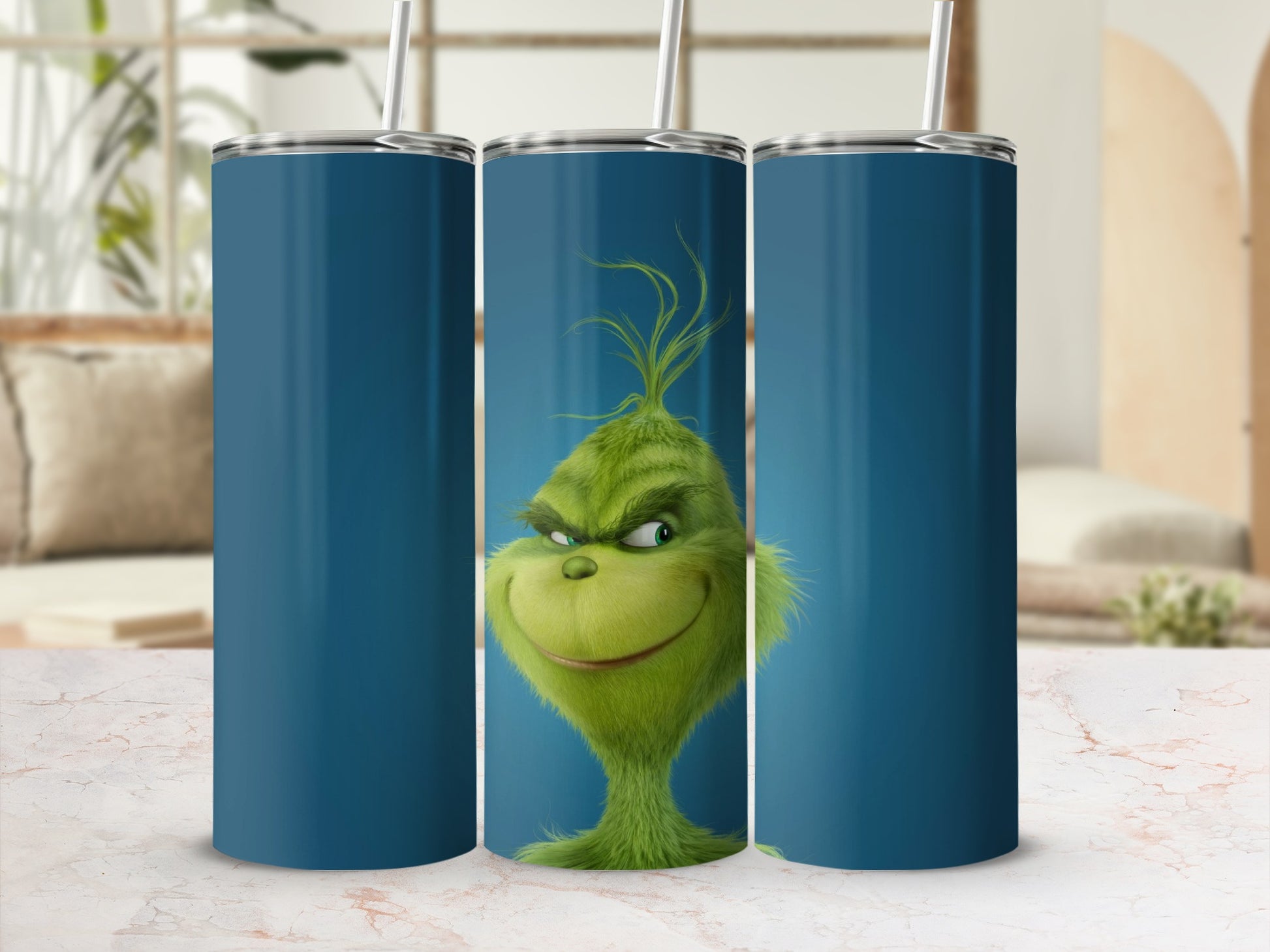 The Grinch character on a blue background, a skinny tumbler.