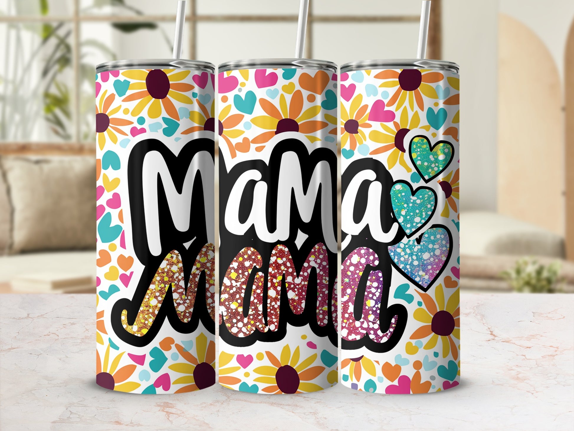 Colorful Mama Hearts and Flowers Tumbler Design