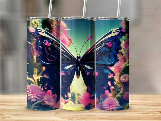 Three tumblers featuring a large blue butterfly and pink flowers.