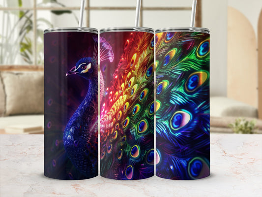 Three tumblers with iridescent peacock feather designs and straws, displayed on a marbled countertop.