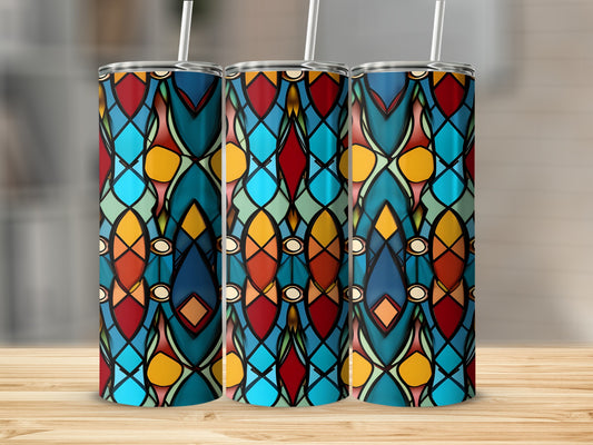 Three tall tumblers with stained glass pattern on wooden surface.