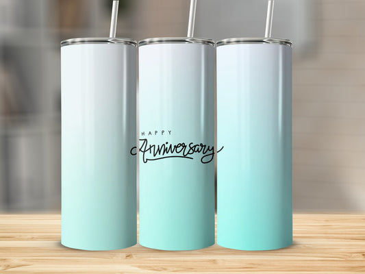 Three white and teal gradient tumblers with "Happy Anniversary" text.